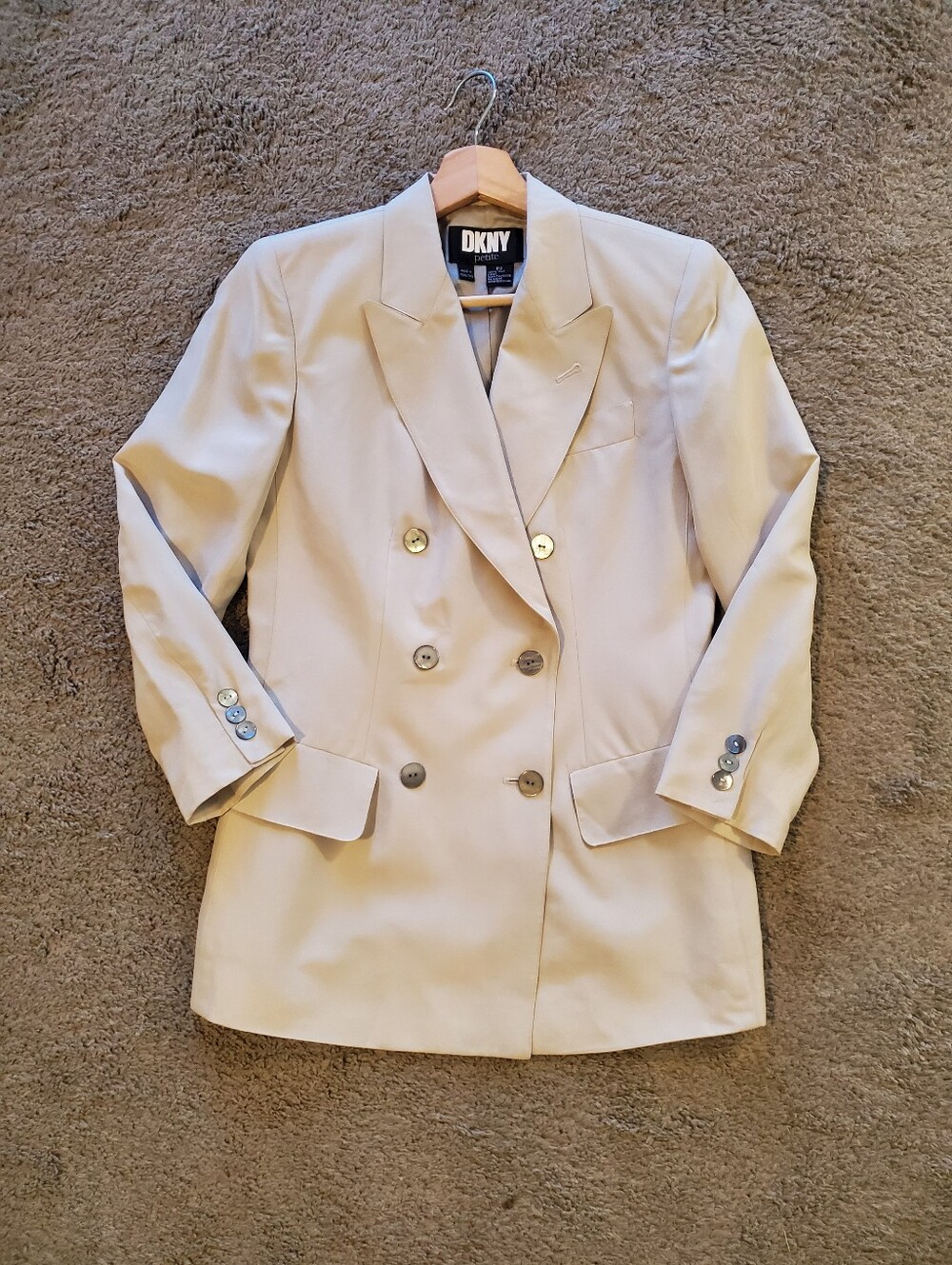 DKNY 100% Silk Double-Breasted Cream Long Blazer Jacket